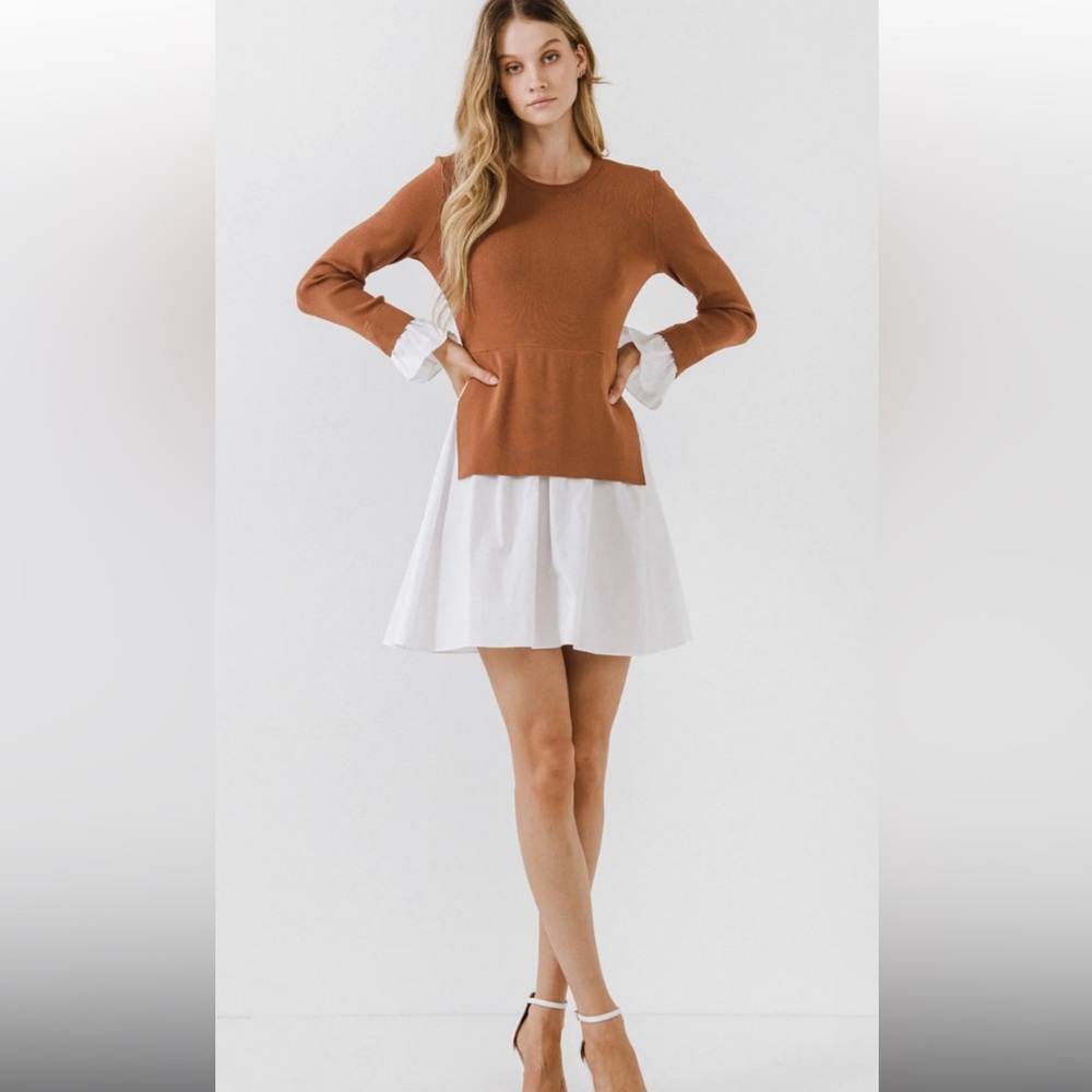 English Factory Tan and White Fit and Flare Dress